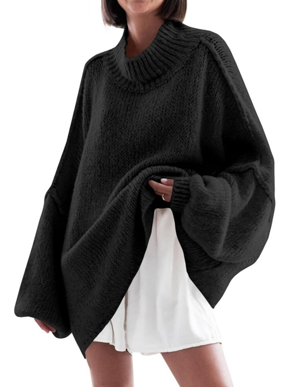 Women's Black Casual Oversized Sweaters Mock Neck Fall Winter Tunic Sweater